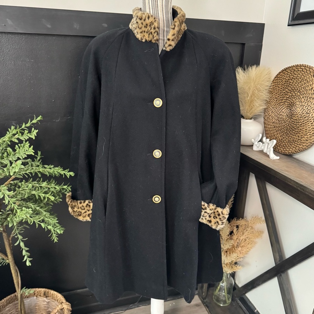 Vtg Y2k Herman Kay Wool W/ Leopard Print Trim Black Coat Women’s Medium